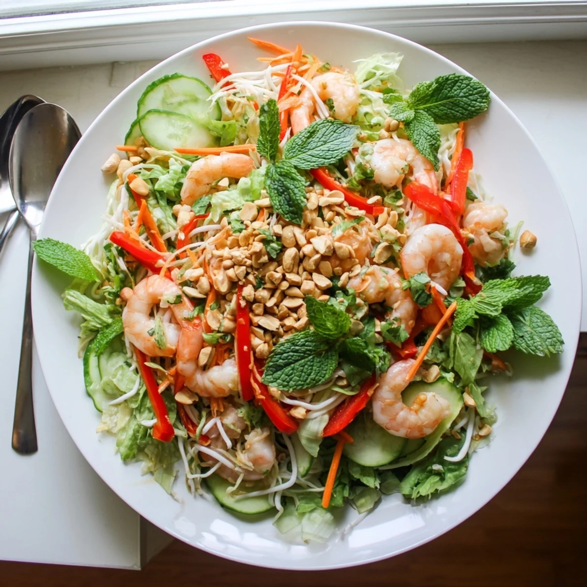 Colorful Spring Roll Salad with Spicy Ginger Dressing featuring crisp vegetables, juicy shrimp, fresh mint and cilantro.