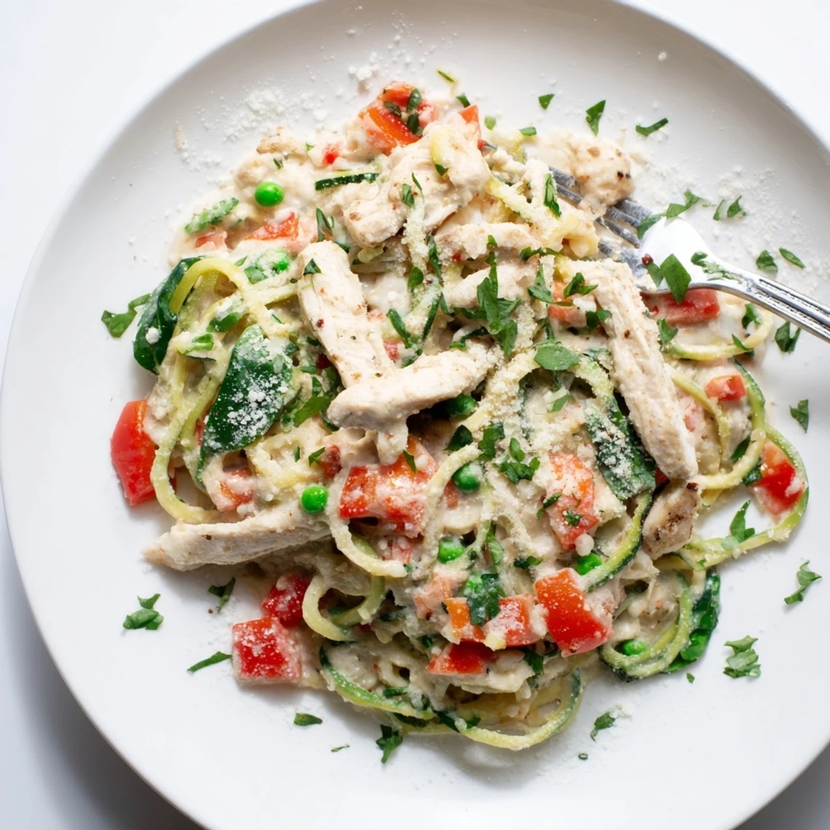 Creamy zucchini noodle chicken Alfredo bowl loaded with colorful bell peppers and cherry tomatoes