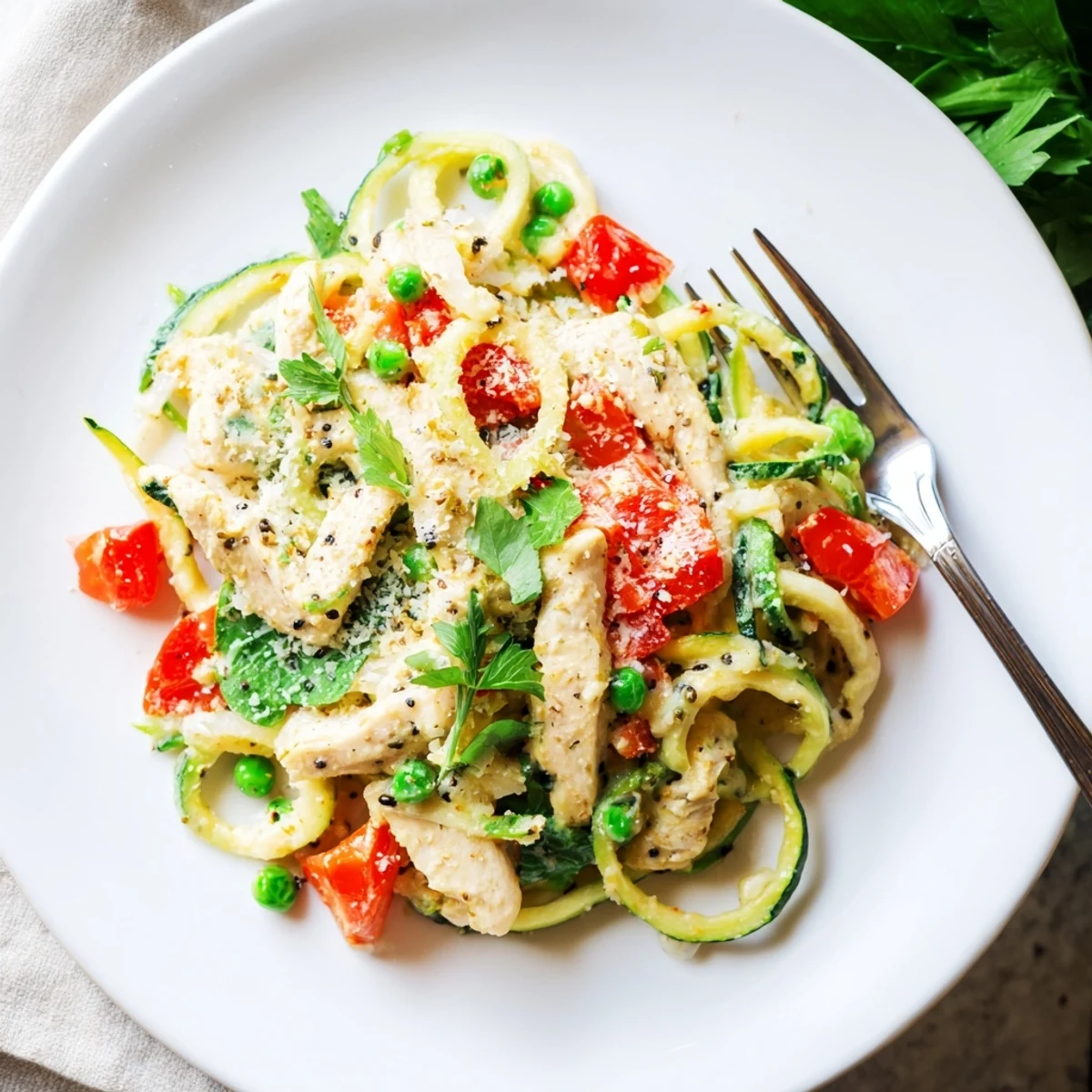 Garnished zucchini noodle chicken Alfredo plated with fresh parsley, grated Parmesan, and tender chicken strips