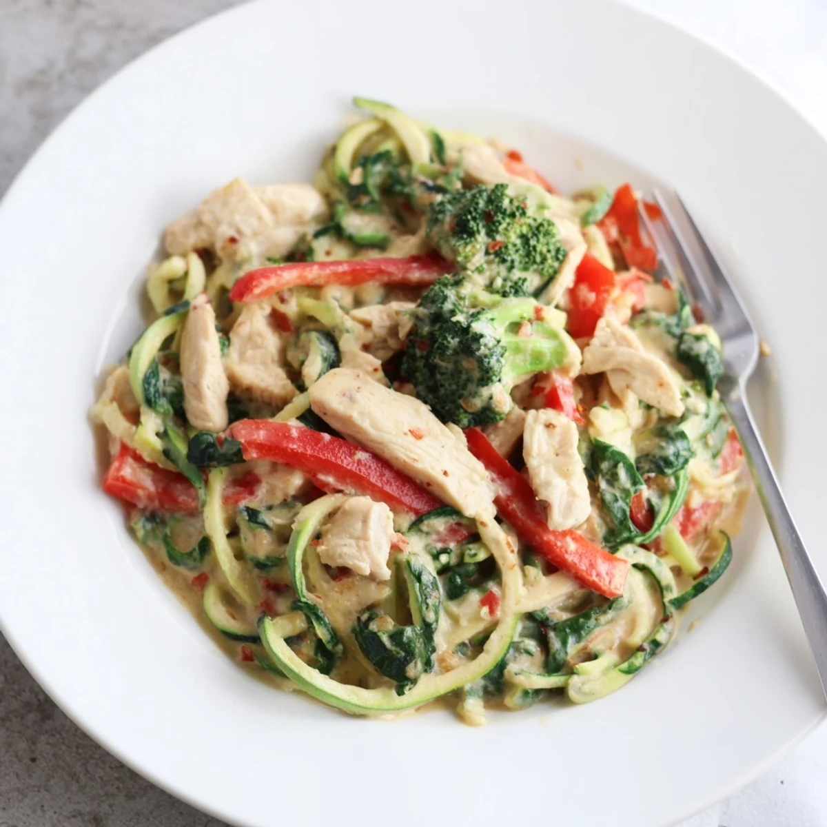 Creamy zucchini noodle chicken Alfredo topped with tender broccoli and red bell pepper slices
