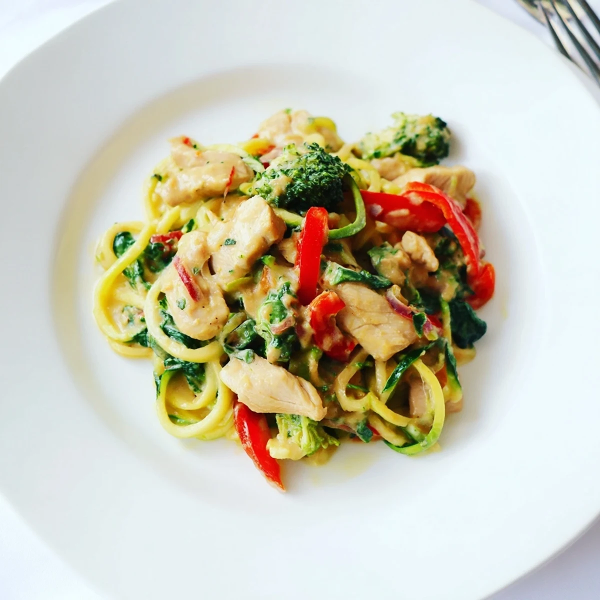High protein zucchini noodle chicken Alfredo bowl featuring colorful vegetables and fresh parsley garnish