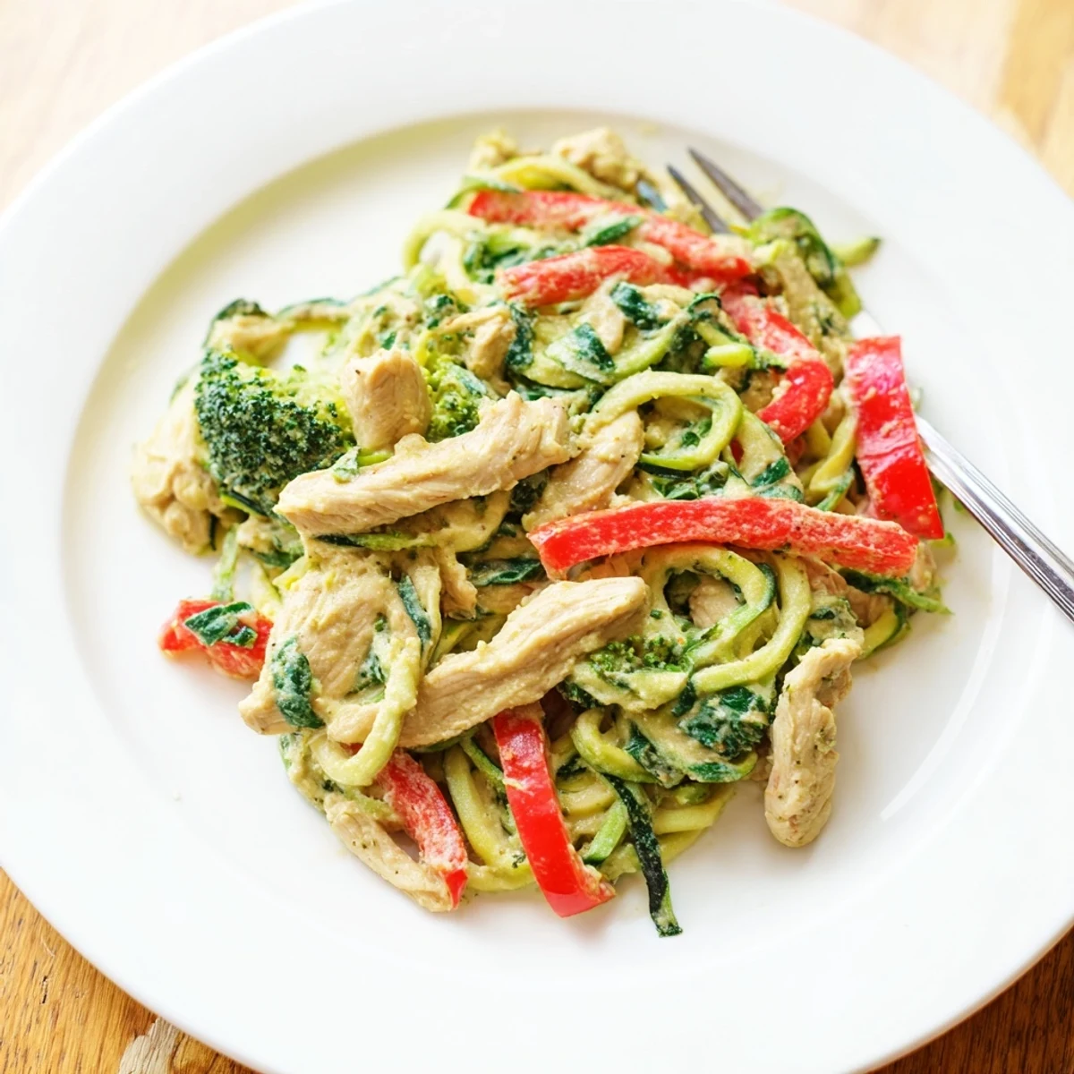 Golden chicken strips served over spiralized zucchini noodles in a rich Parmesan cream sauce