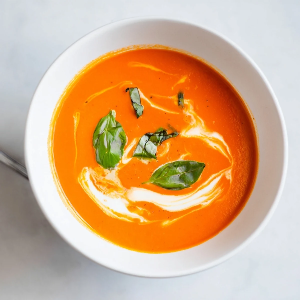 Creamy cozy tomato soup with swirl of heavy cream and fresh basil garnish in white bowl