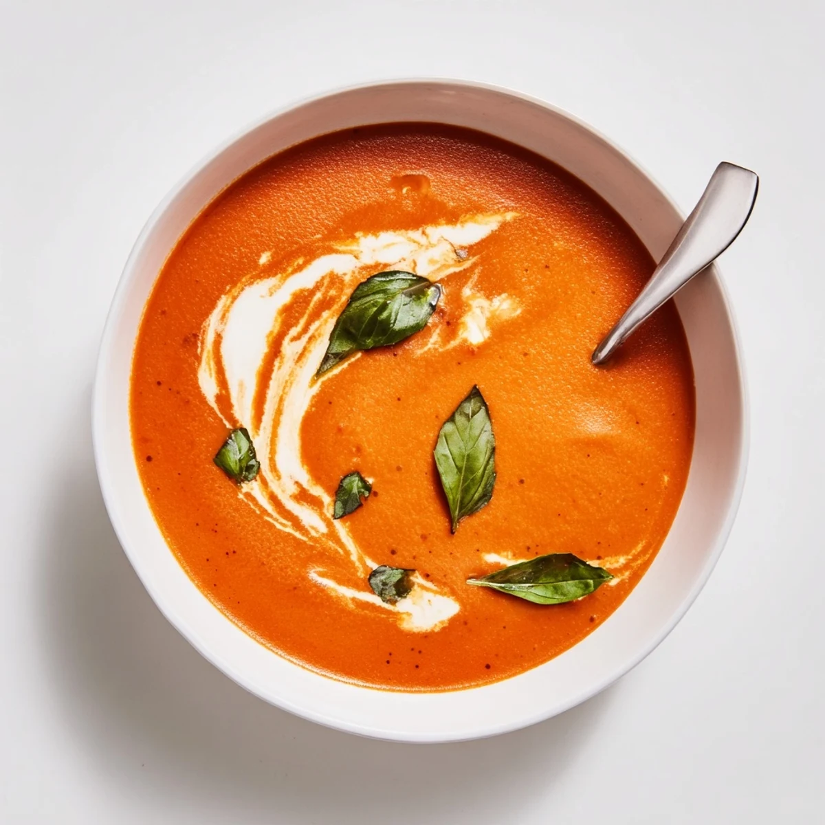 Golden roasted cozy tomato soup served with crusty bread on rustic wooden table