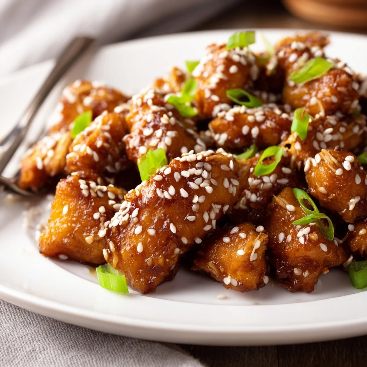 Tender shredded slow cooker sesame chicken steaming in a white bowl alongside fluffy white rice