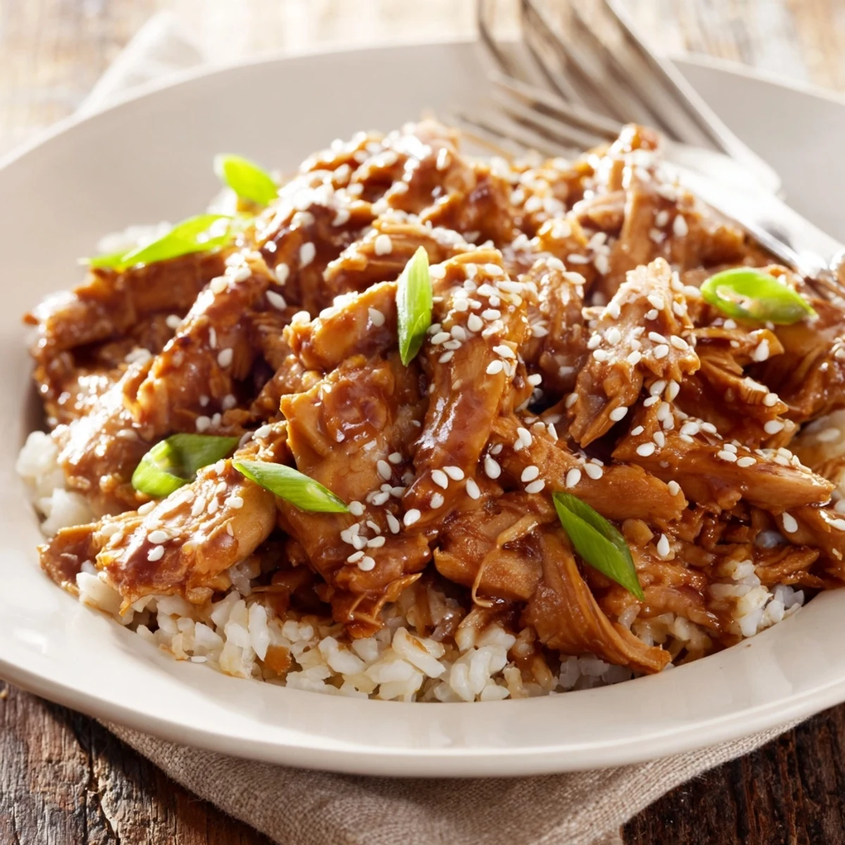 Garnished bowl of Crock Pot Sesame Chicken with savory glaze dripping over tender meat and fresh scallions