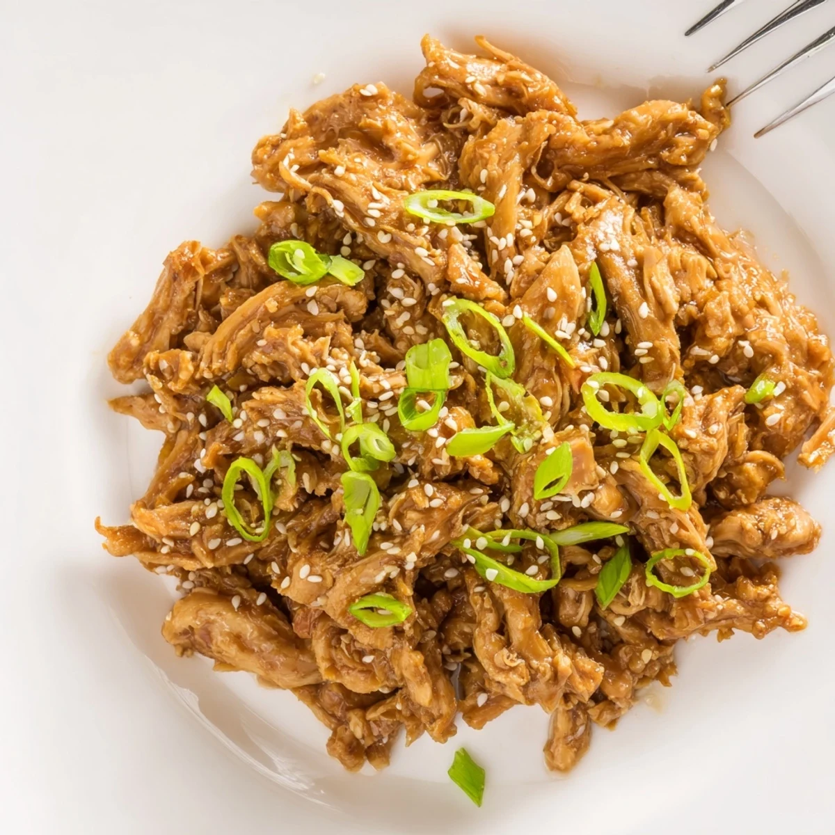Golden brown Crock Pot Sesame Chicken served over white rice with green onion garnish