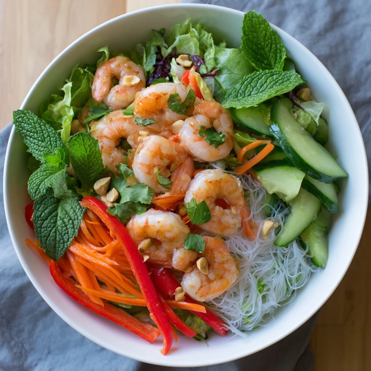 Colorful Spring Roll Salad with Spicy Ginger Dressing featuring crisp vegetables, succulent shrimp, and delicate rice noodles drizzled with zesty sauce.
