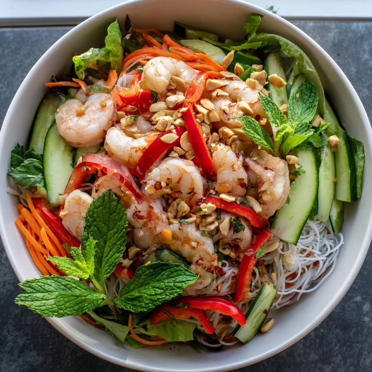 Fresh Spring Roll Salad topped with tender shrimp, julienned carrots, cucumber, and aromatic herbs tossed in a tangy ginger sesame dressing.