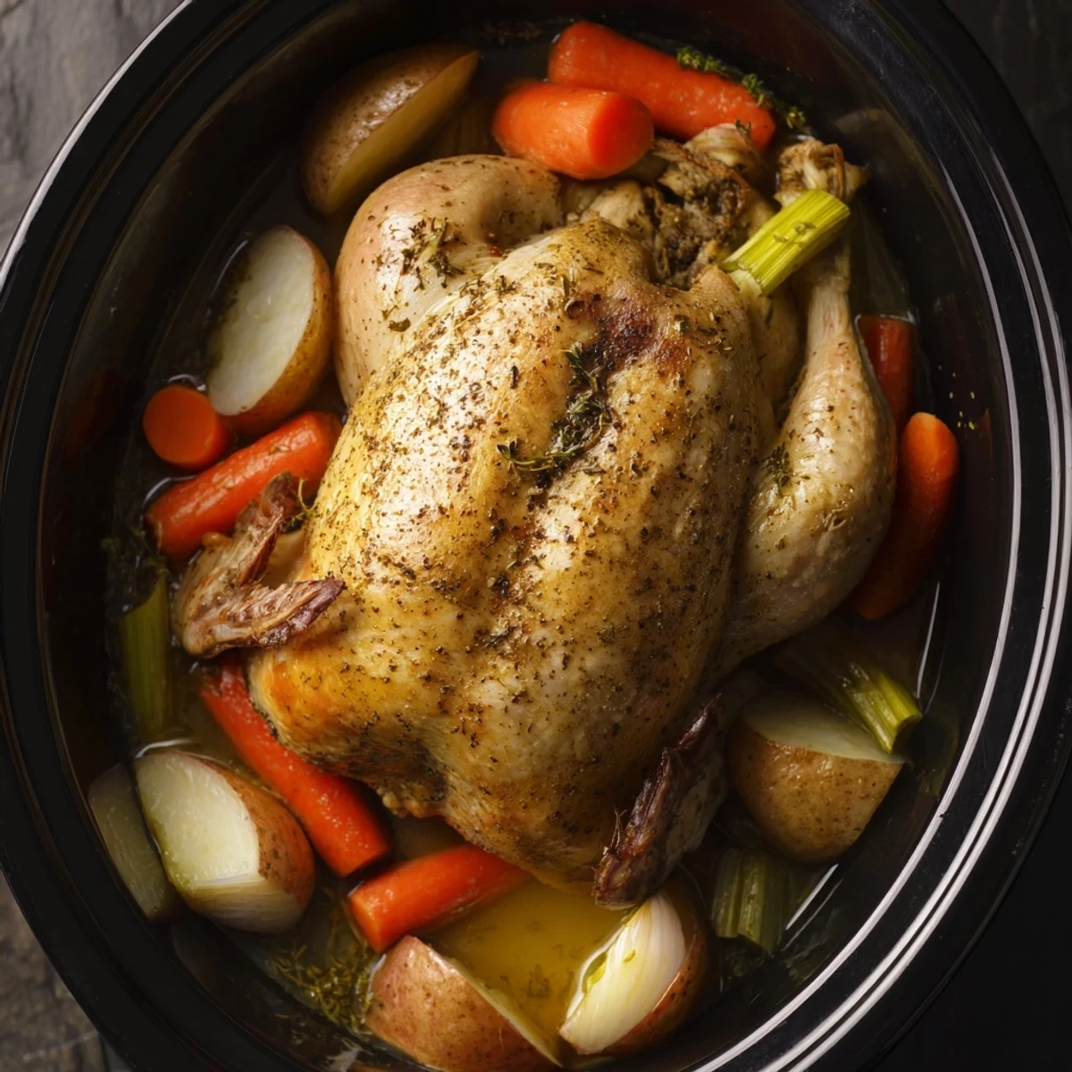 Golden whole chicken nestled tender carrots and potatoes in this rich crockpot chicken pot roast