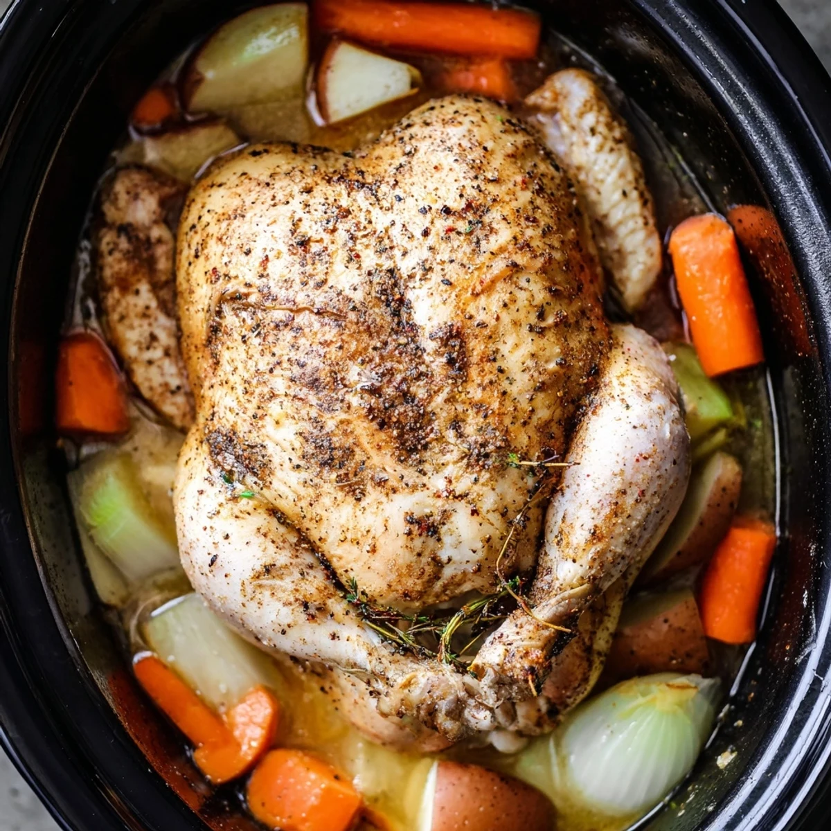 Family style crockpot chicken pot roast featuring juicy bird atop buttery root vegetables