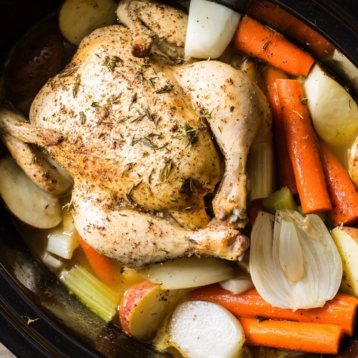 Fragrant rosemary and thyme seasoned slow cooked chicken pot roast with savory vegetable medley