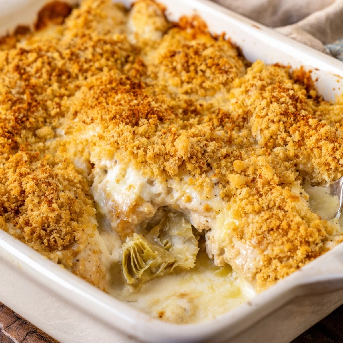 Golden bubbling artichoke chicken bake with melted mozzarella and crispy breadcrumb topping