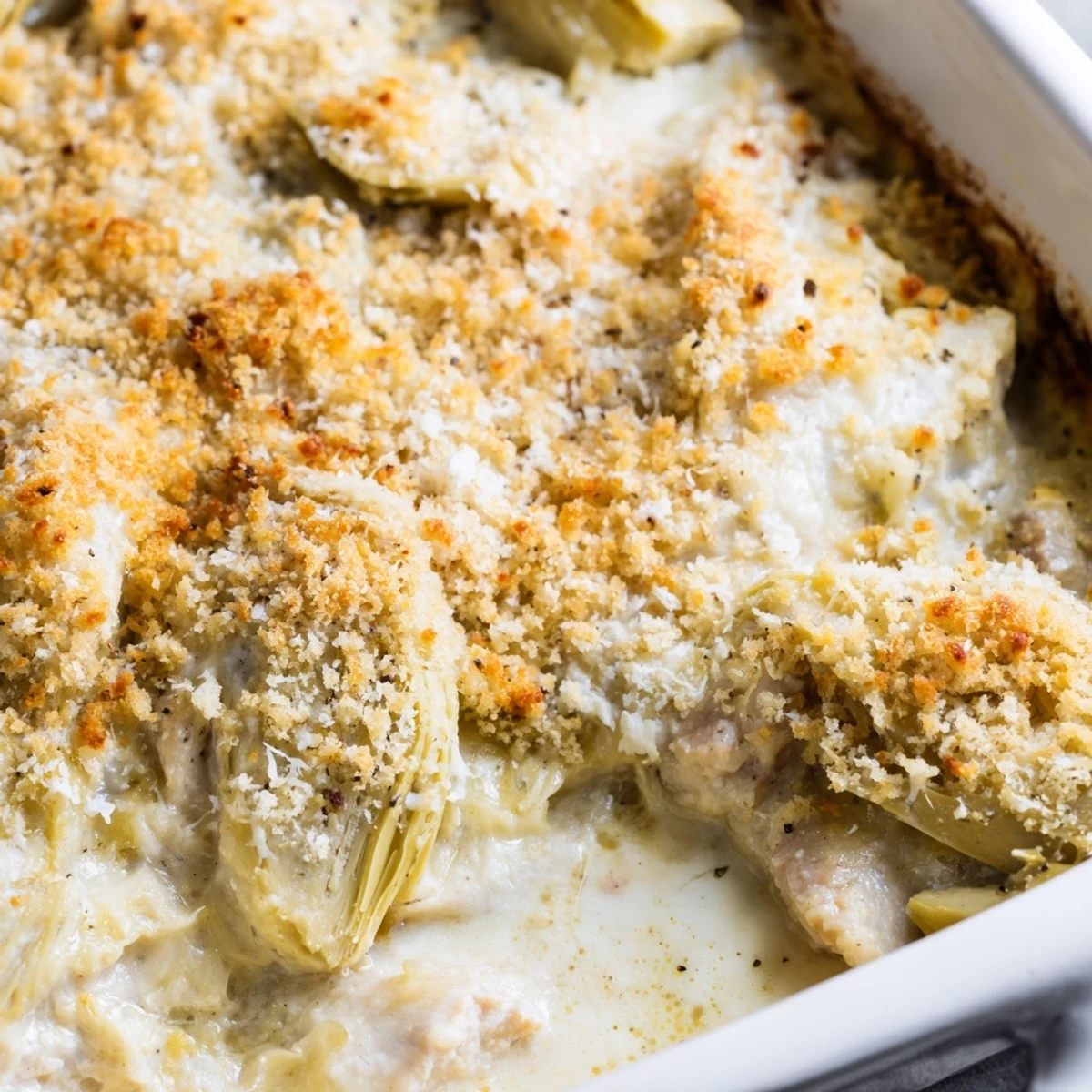 Creamy artichoke chicken bake casserole with tender chicken pieces and tangy artichoke hearts