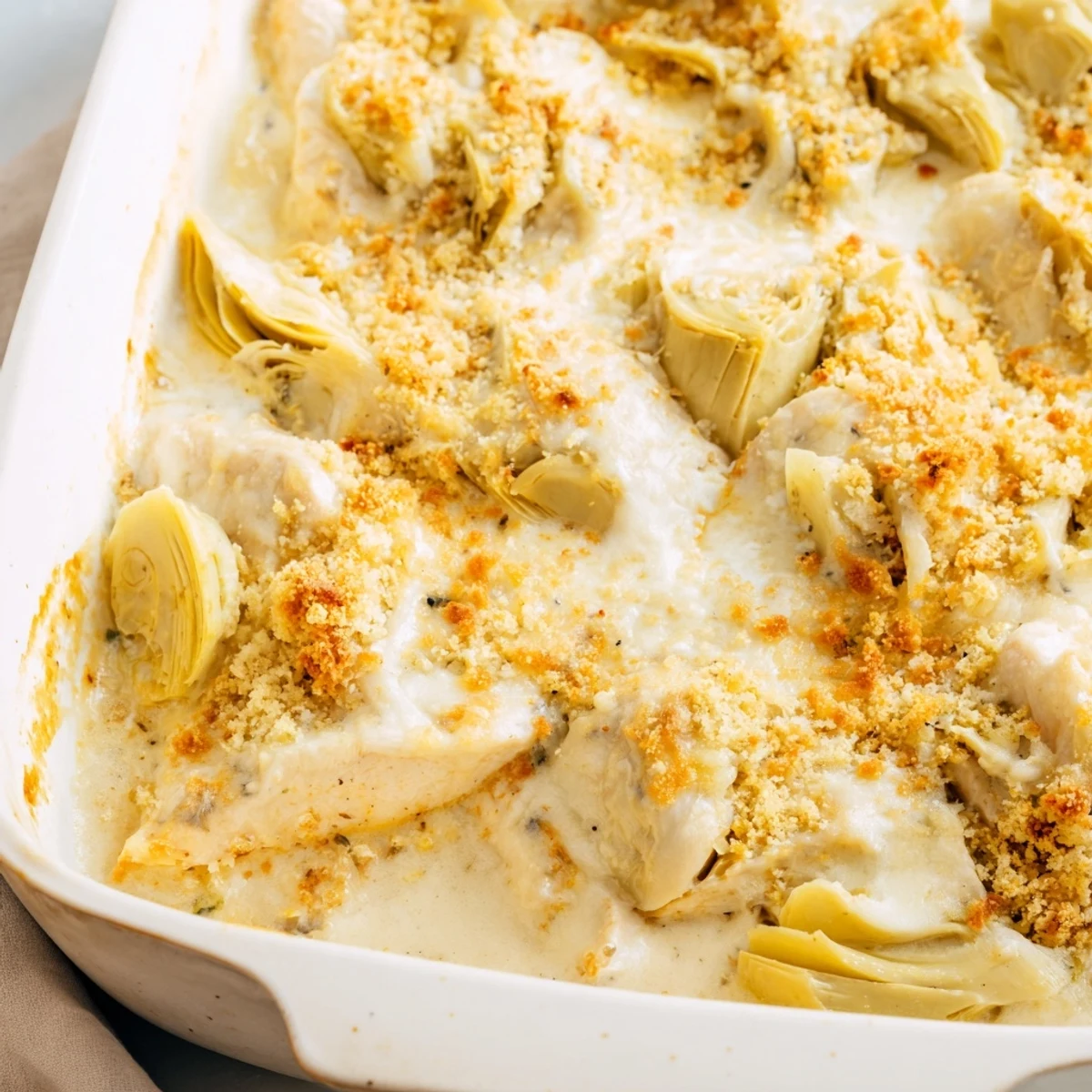 Baked artichoke chicken dish topped with golden parmesan breadcrumbs and fresh parsley garnish