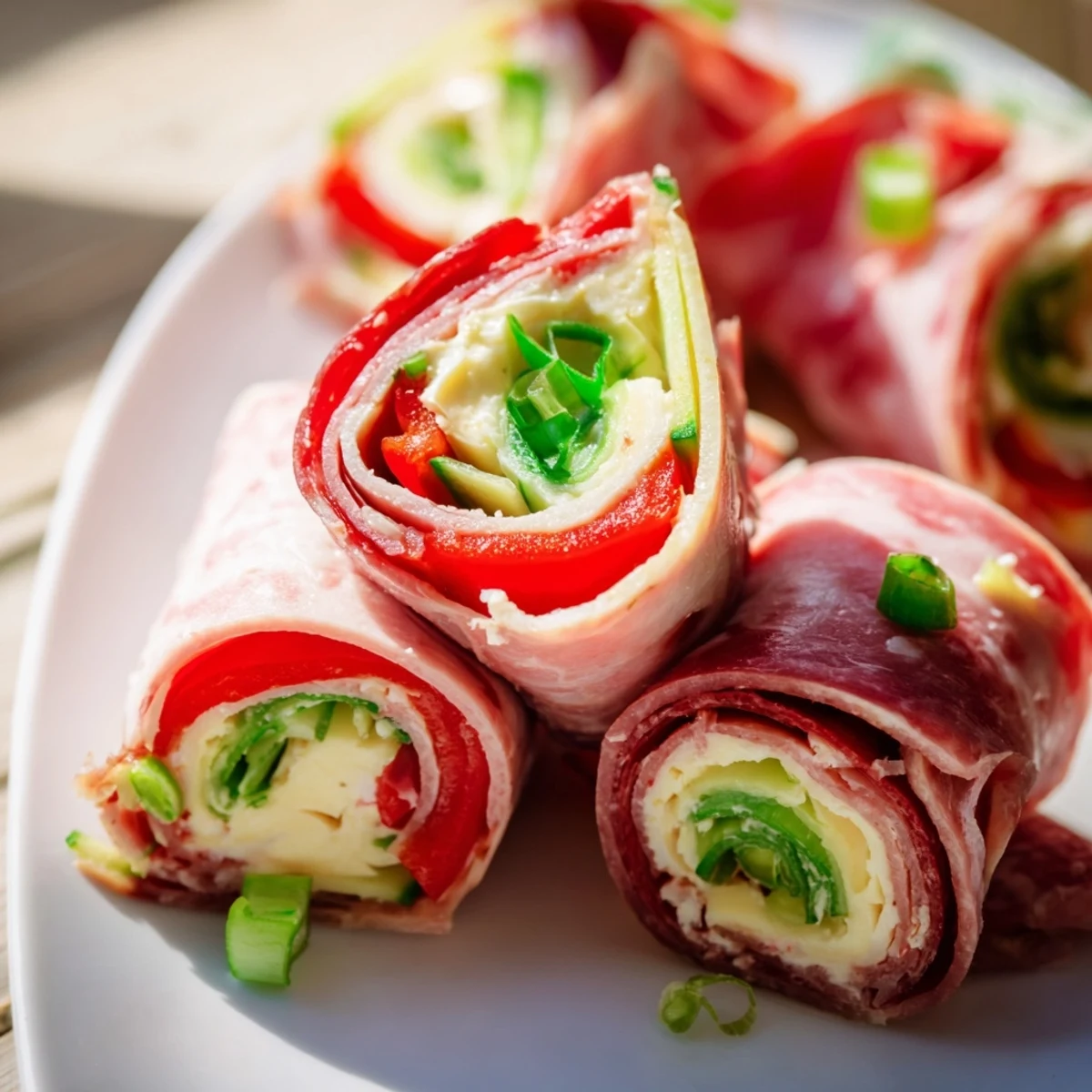 Low-carb keto ham roll ups arranged on serving platter with fresh cucumber and bell pepper filling