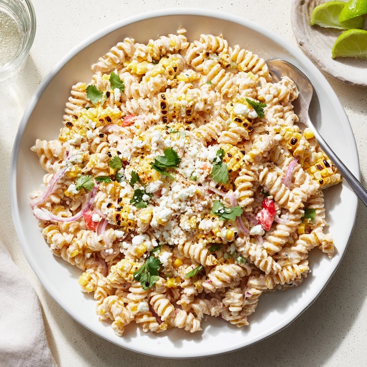 Colorful bowl of street corn pasta salad tossed with cotija cheese, red peppers, and jalapeños