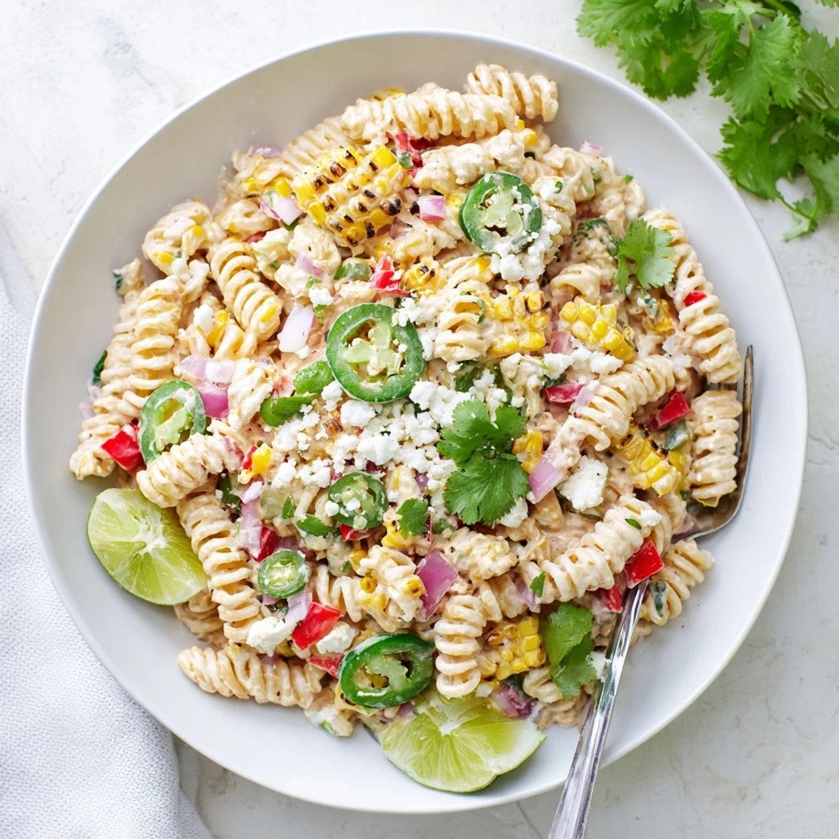 Creamy Mexican street corn pasta salad featuring charred corn kernels, cilantro, and zesty lime dressing