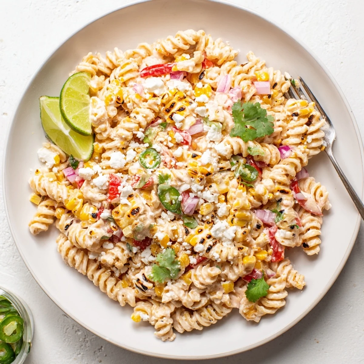 Vibrant pasta salad with sweet corn, spicy jalapeño, and crumbled cotija in a tangy mayonnaise sauce