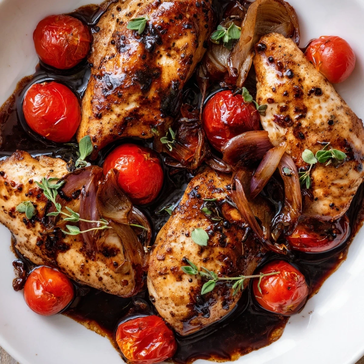 One pan juicy chicken with balsamic sauce simmered with garlic and red onion slices