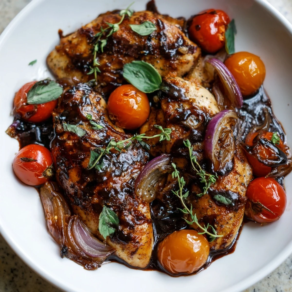 Golden chicken breasts nestled in a rich balsamic glaze with cherry tomatoes and fresh herbs