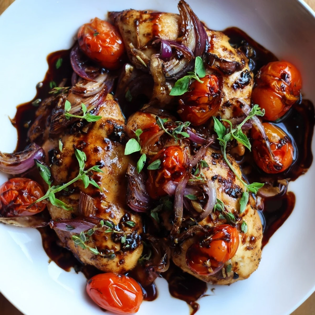 Tender chicken breasts in tangy balsamic reduction topped with fresh basil for a comforting dinner