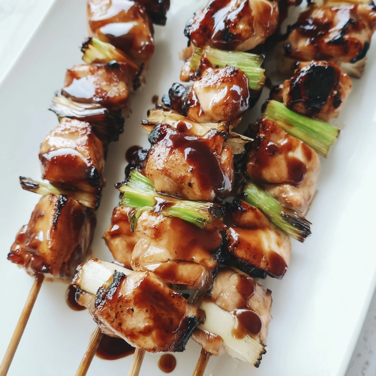 Golden grilled yakitori skewers basted with savory-sweet sauce on a white serving plate