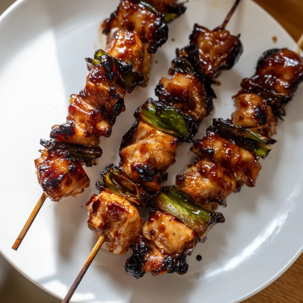 Japanese chicken yakitori skewers glazed with glossy tare sauce and fresh green onions