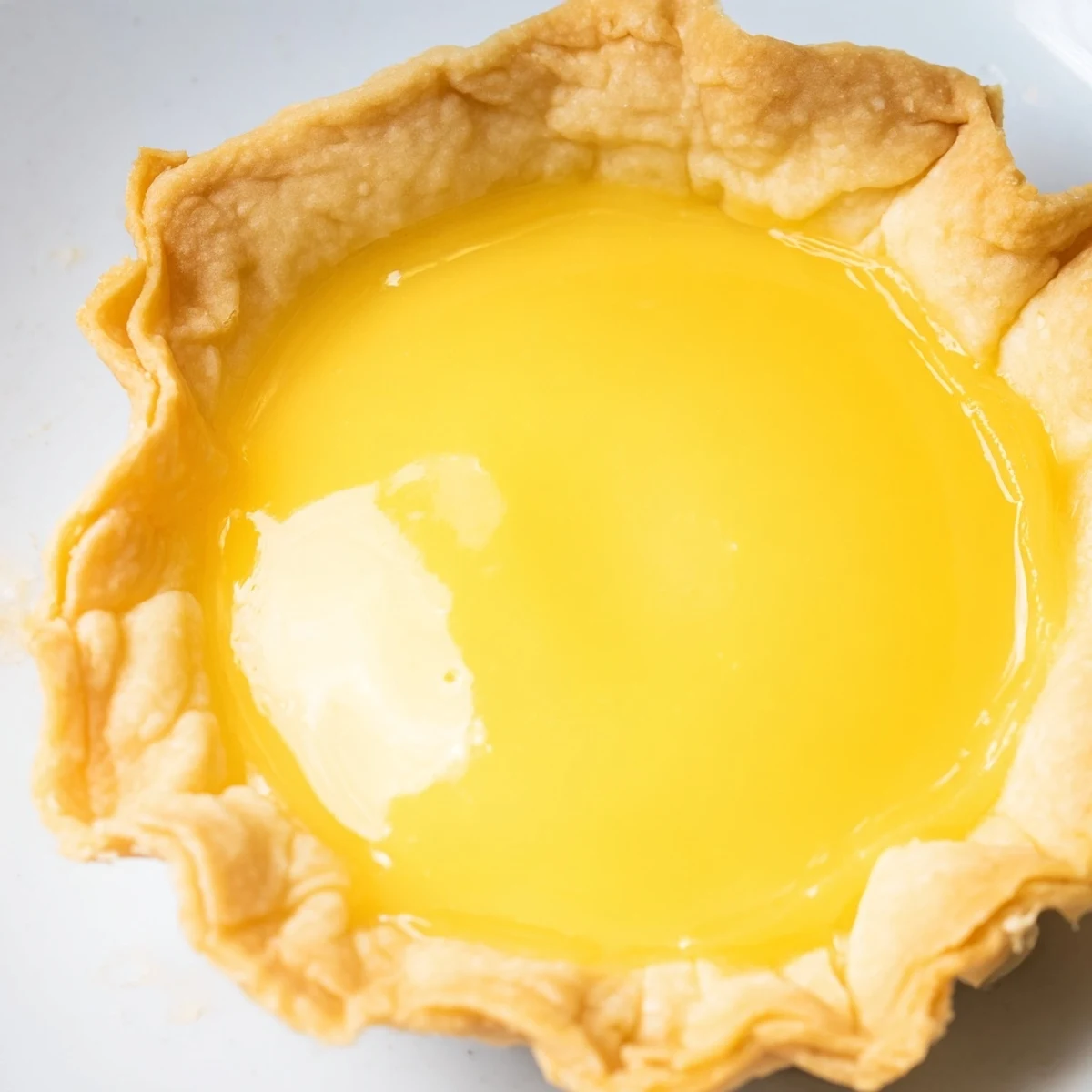 Golden mango curd tart with fresh mango slices garnished on a buttery crust
