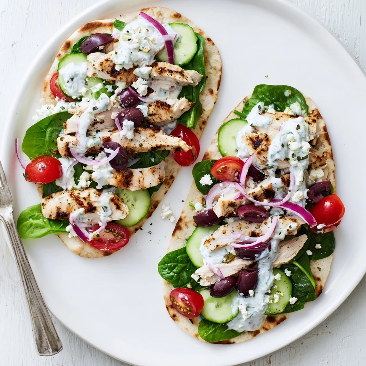 Golden brown Greek chicken flatbread topped with colorful vegetables and creamy tzatziki sauce on a wooden board