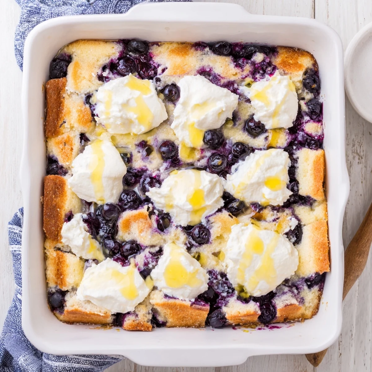 Creamy cheesecake layered over juicy blueberries in this easy lemon blueberry cheesecake dump cake dessert