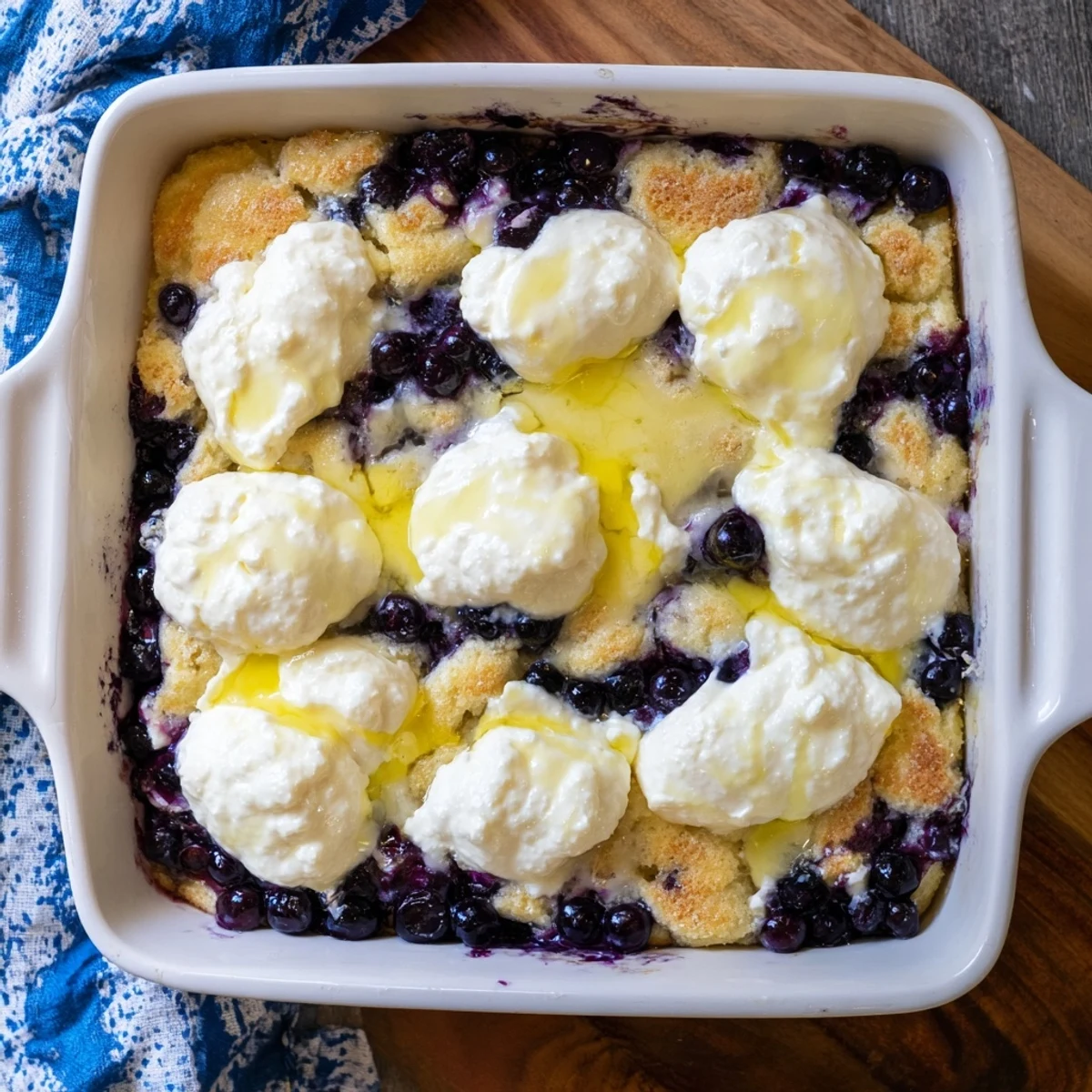 Tangy lemon blueberry cheesecake dump cake topped with golden brown cake mix and melted butter