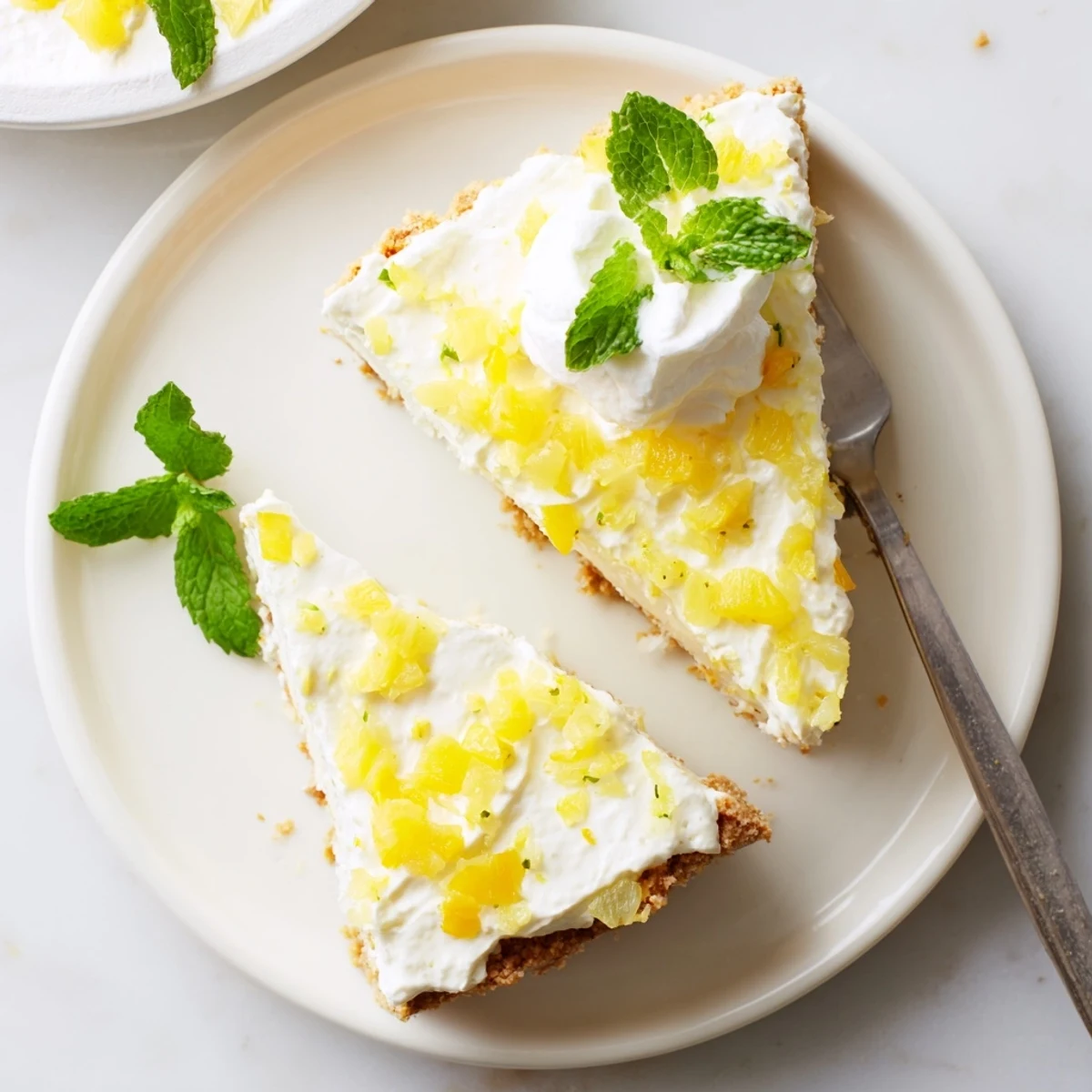 Golden graham cracker crust holding smooth pineapple cheesecake filling with whipped cream and tropical fruit topping