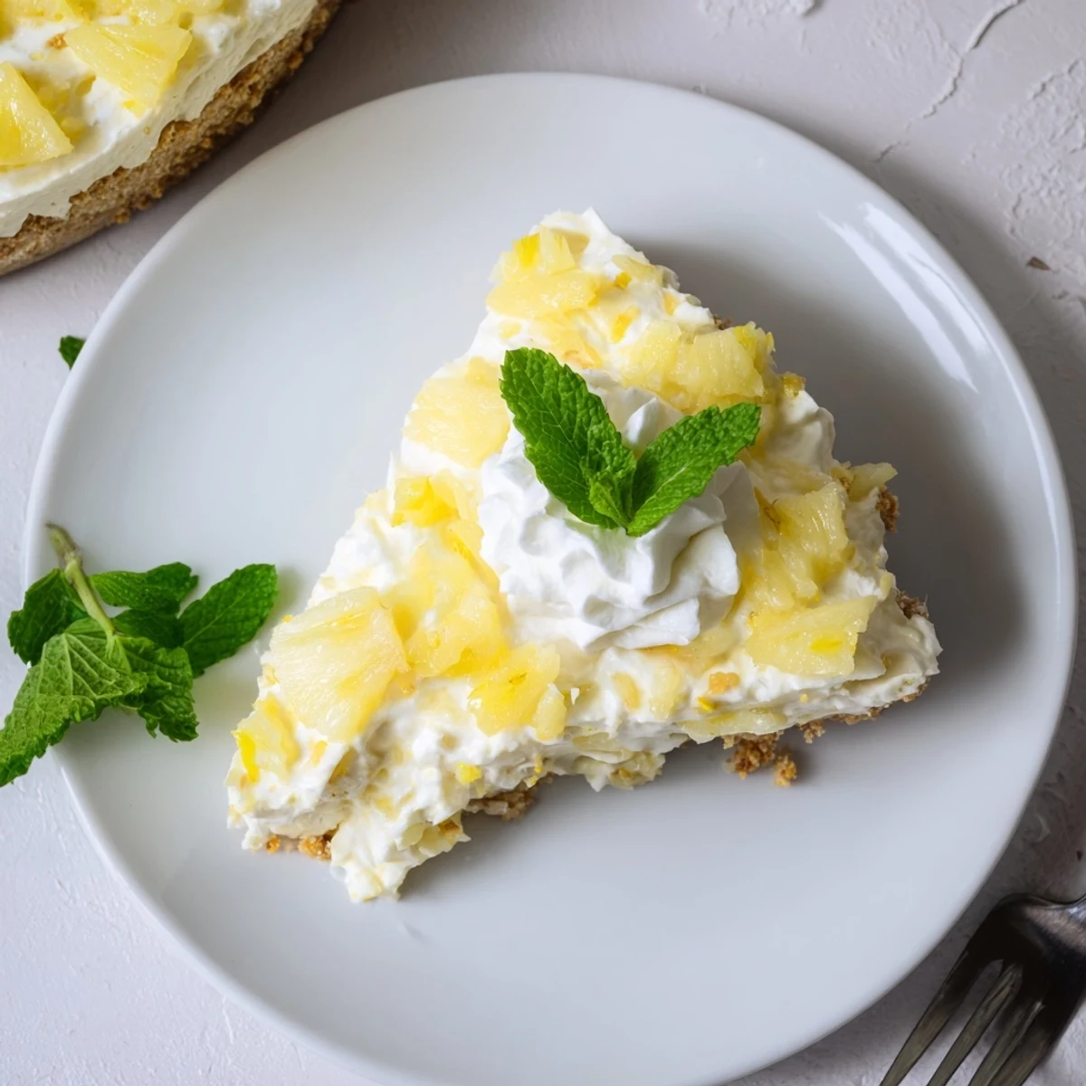 Creamy no bake pineapple cheesecake slice topped with crushed pineapple and fresh mint garnish on white plate