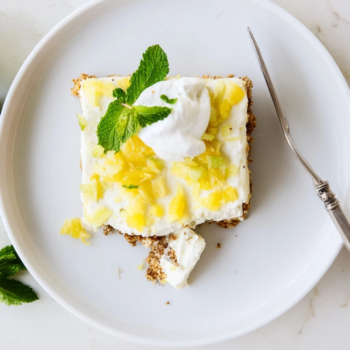 Luscious no bake pineapple cheesecake squares featuring tangy pineapple pieces, buttery crust, and airy whipped cream