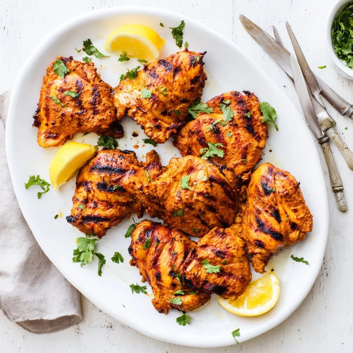 Tender grilled tandoori chicken with charred edges and smoky spice-marinated golden brown skin