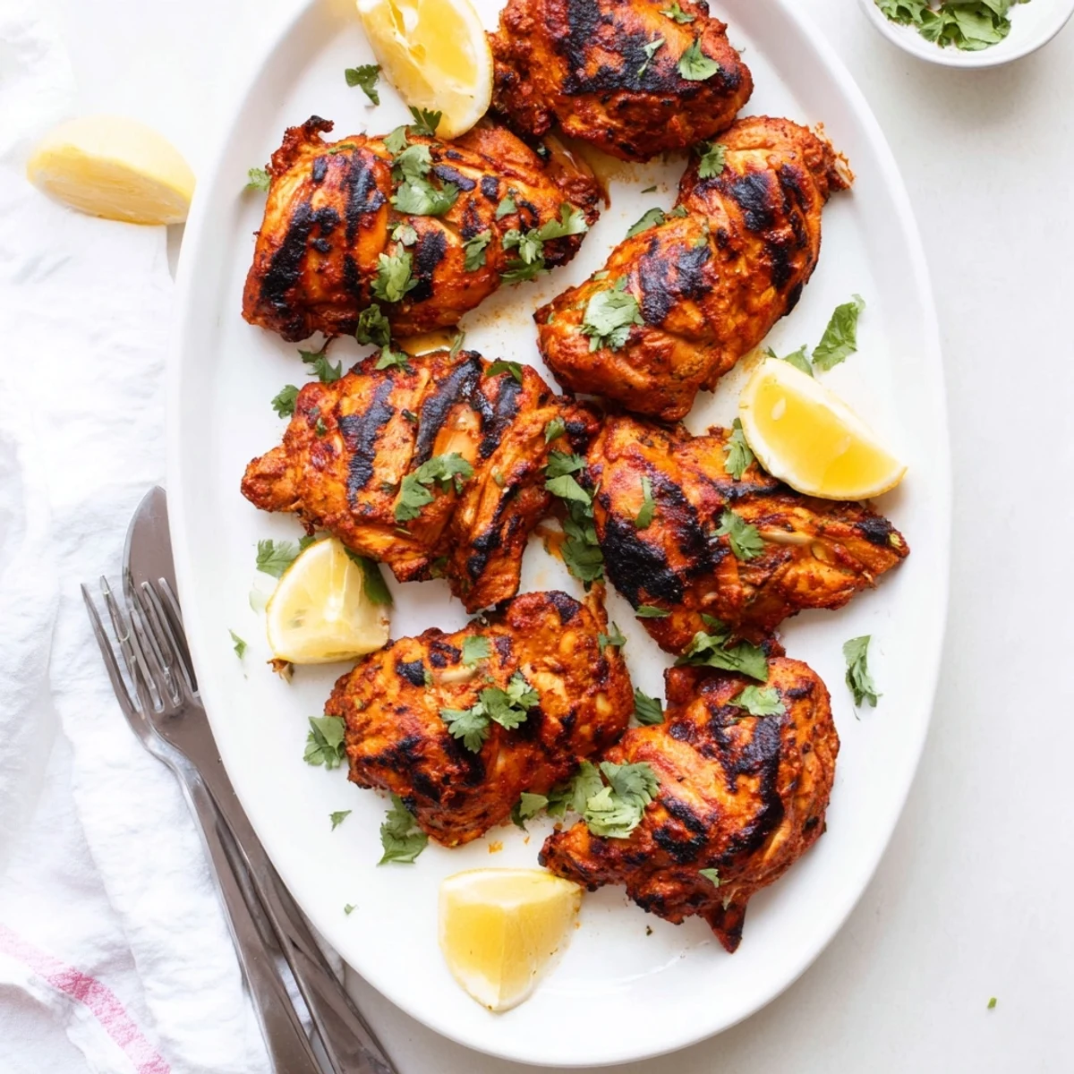 Succulent Indian-style grilled tandoori chicken pieces with vibrant red spice coating and lemon wedges