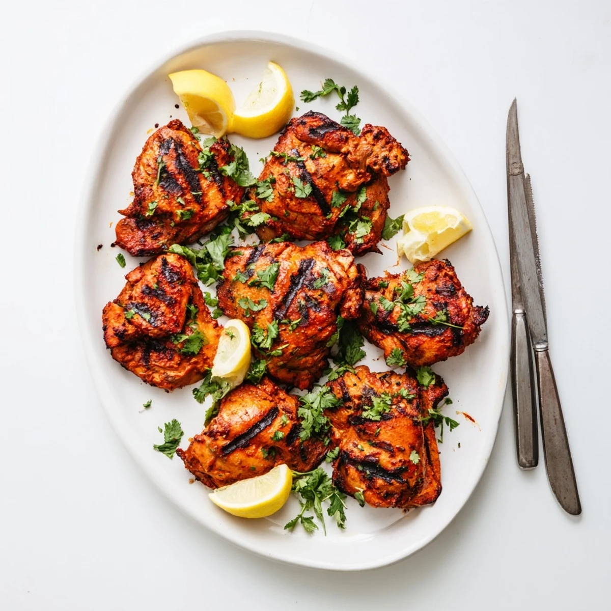 Juicy yogurt-marinated grilled tandoori chicken resting on a plate with fresh cilantro garnish