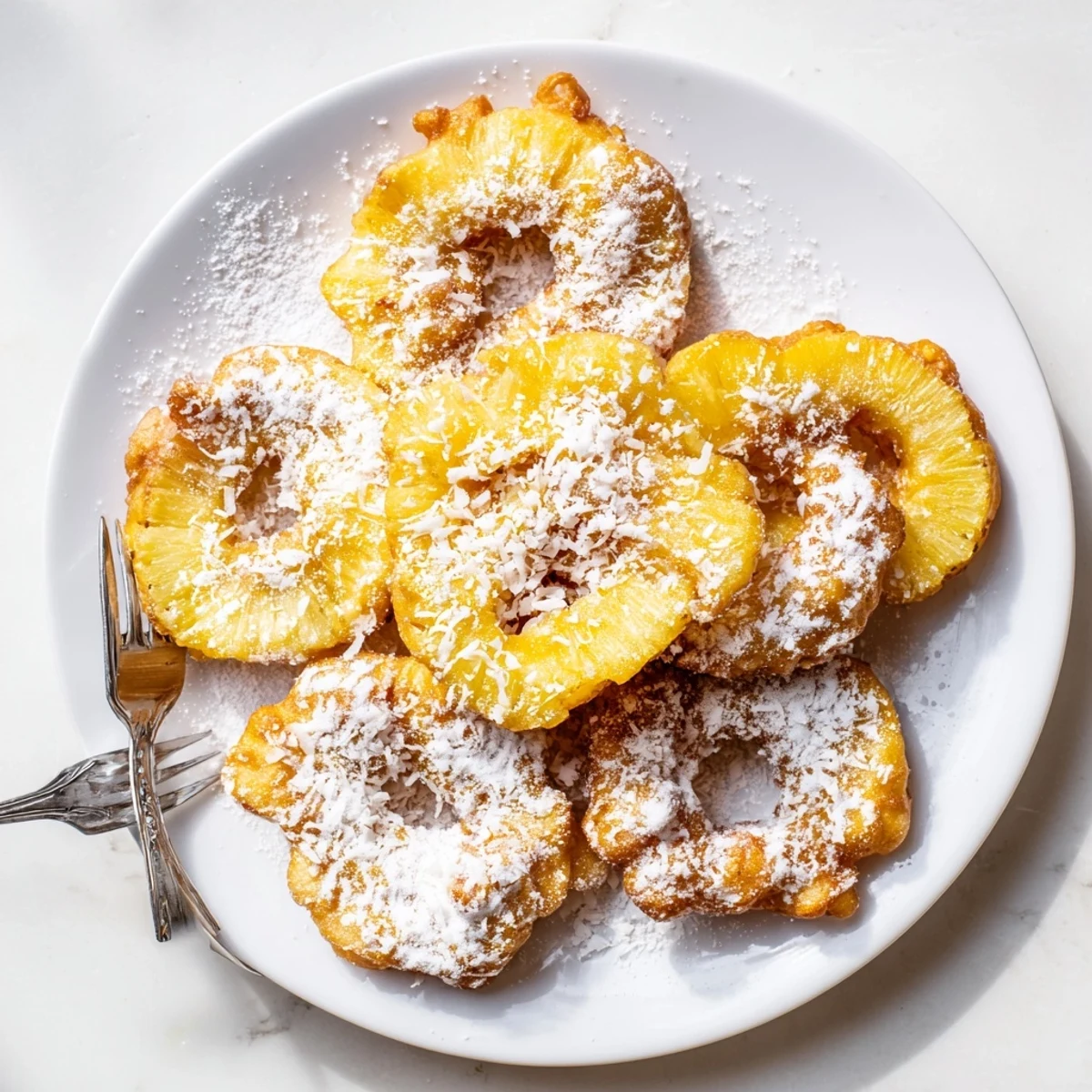 Golden pineapple fritters dusted with powdered sugar on a white serving plate