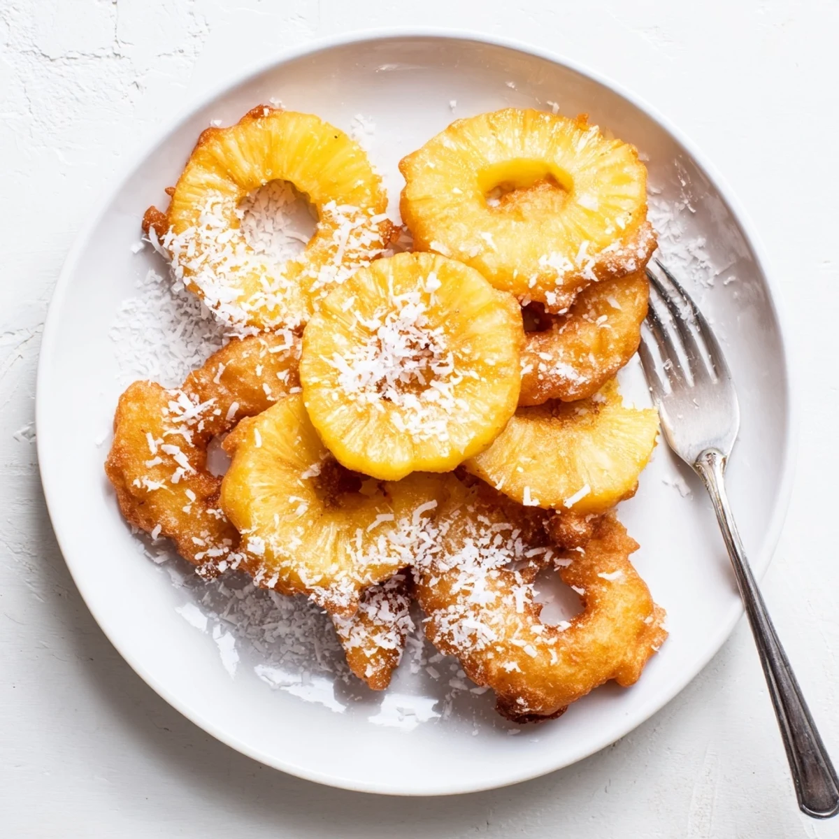 Crispy coconut pineapple fritters stacked on a rustic wooden board with toasted coconut sprinkles