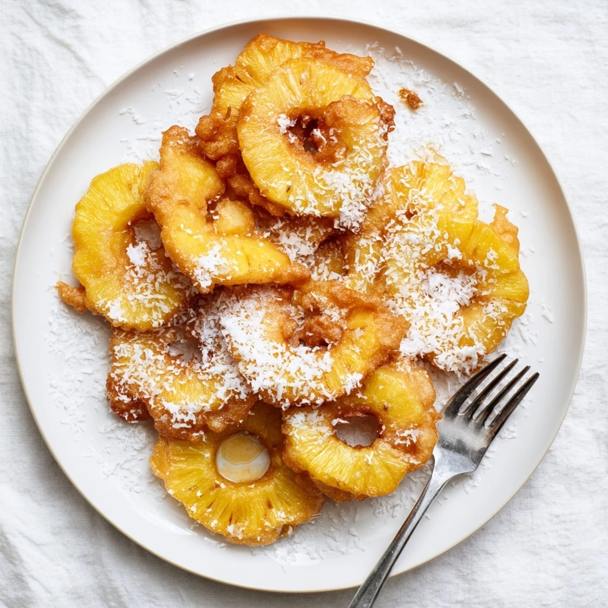 Warm fried pineapple rings in golden batter topped with confectioners sugar and tropical garnish