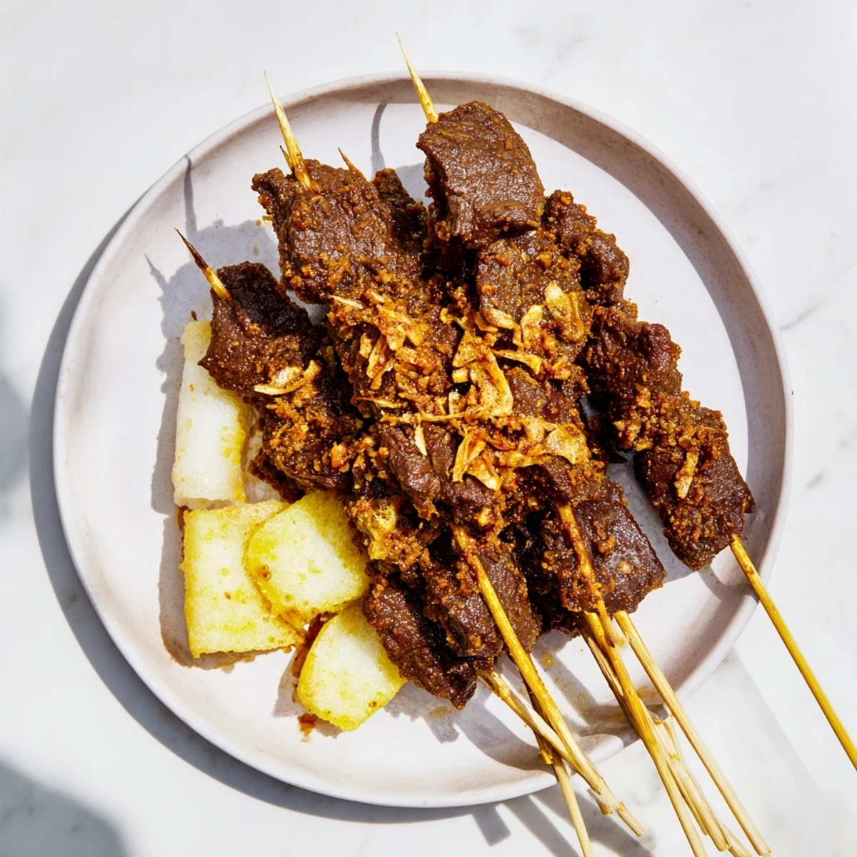 Grilled Indonesian Sate Padang beef skewers drizzled with rich golden spiced sauce