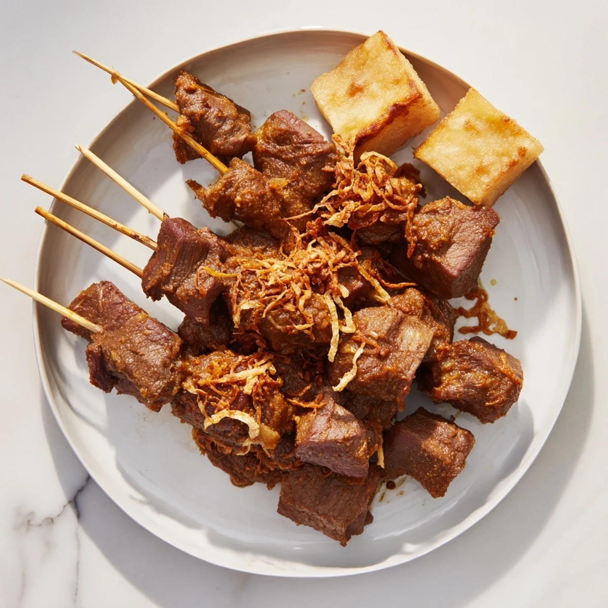 Charcoal-grilled beef Sate Padang skewers coated in creamy yellow turmeric-spiced dipping sauce