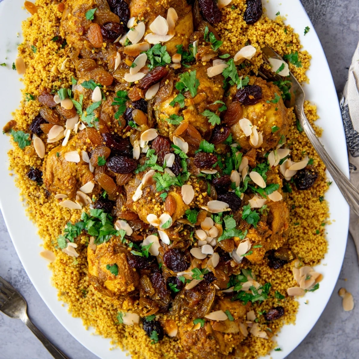 Golden Moroccan couscous topped with caramelized onions and juicy tender chicken pieces