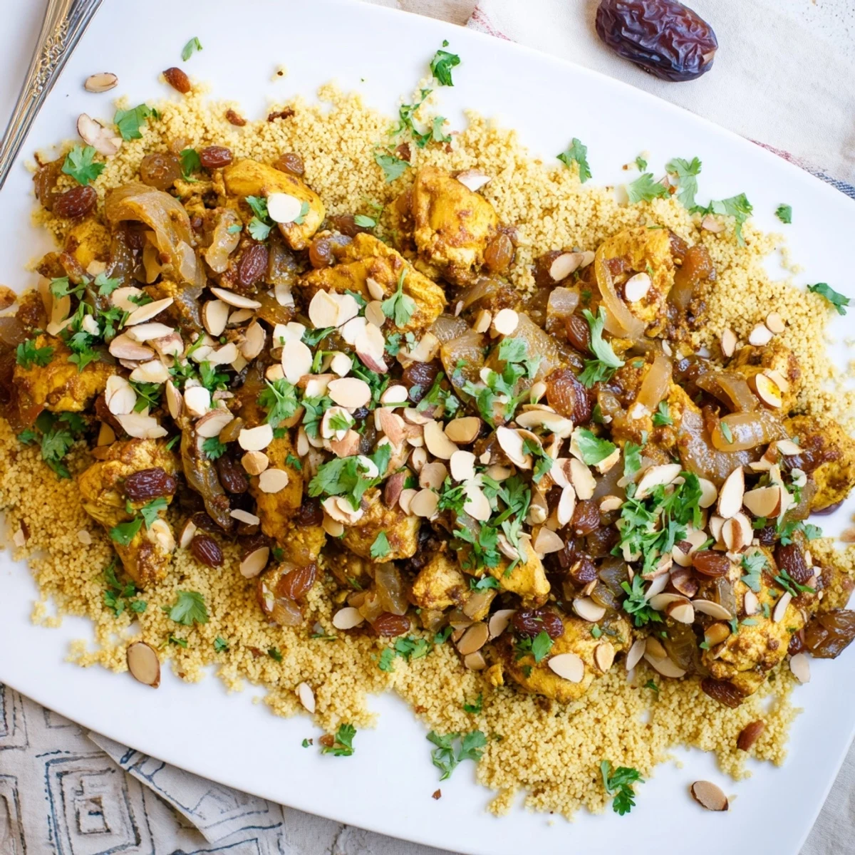 Fluffy couscous smothered in sweet onion tfaya with plump raisins and toasted almonds