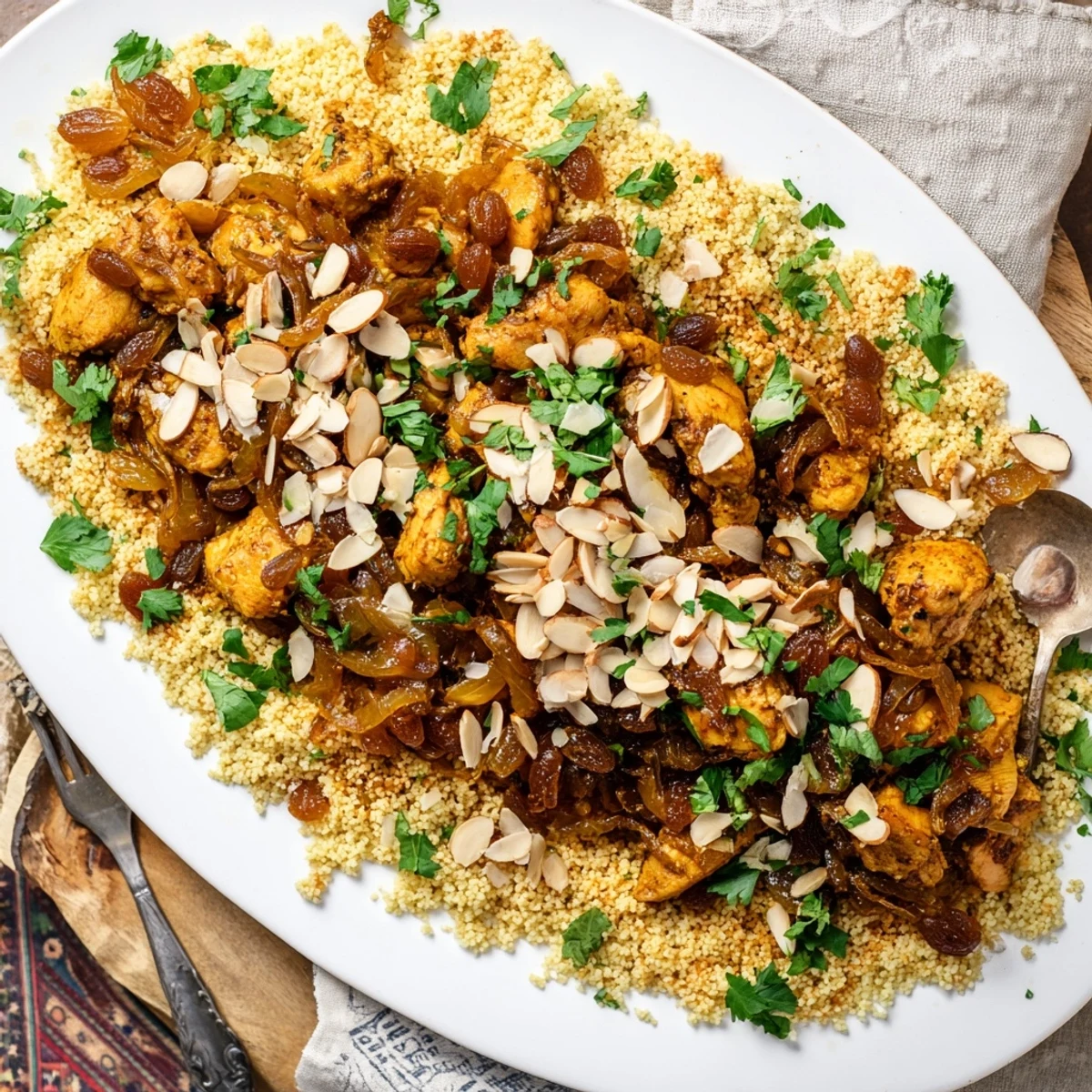 Steaming Moroccan couscous platter featuring spiced chicken and honey glazed caramelized onion topping