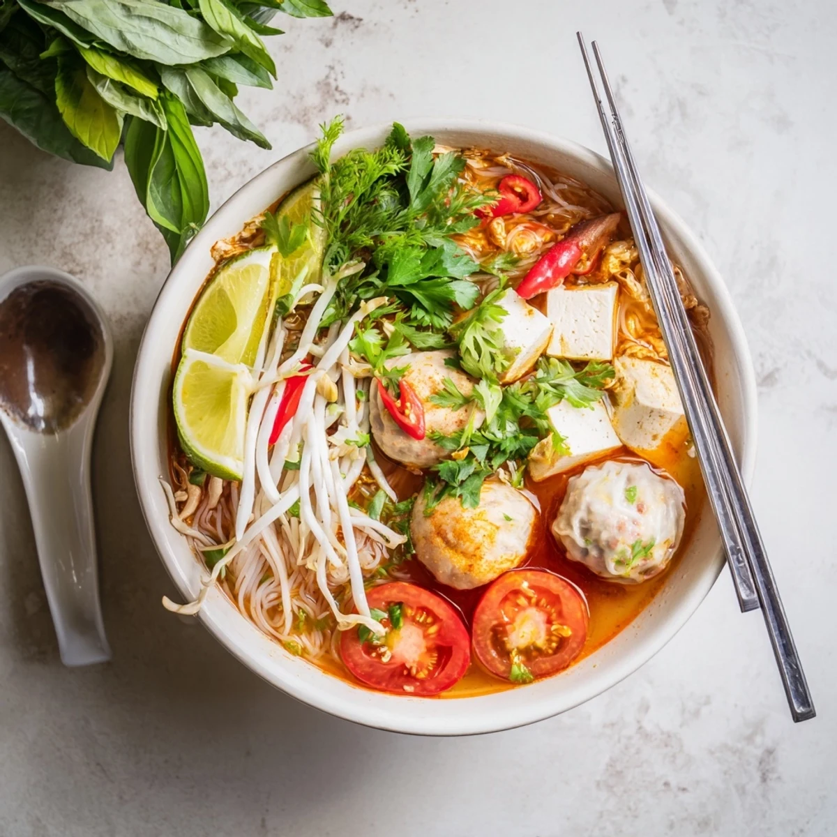 Steaming bowl of Vietnamese Bun Rieu Crab Noodle Soup garnished with fresh herbs and lime
