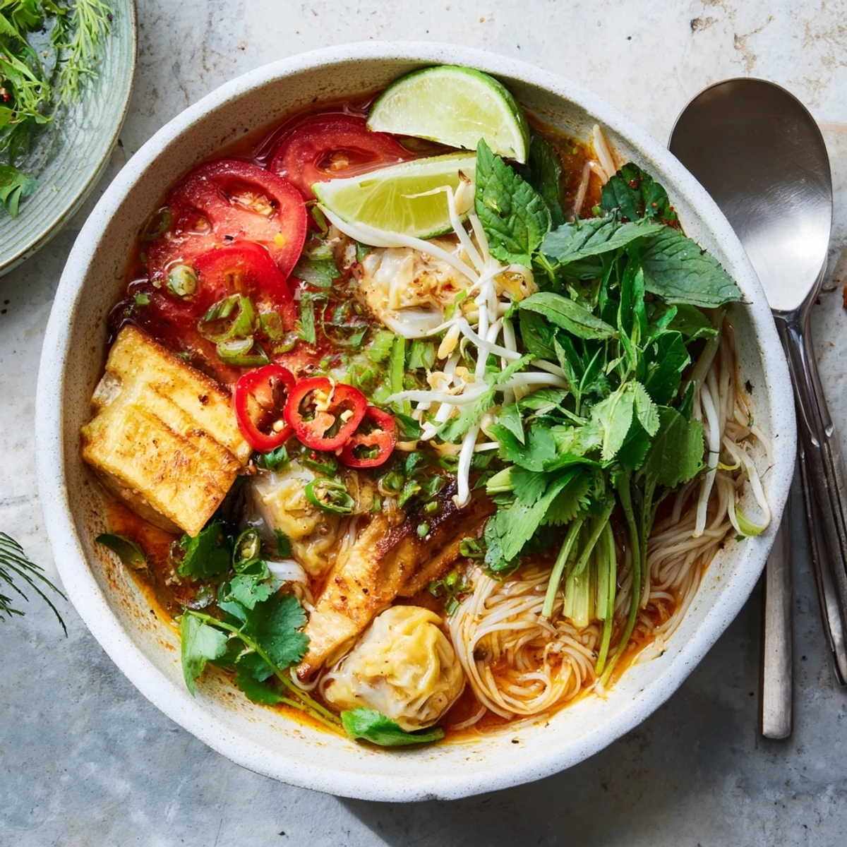 Vibrant red broth with fluffy crab egg clouds and tomatoes over rice vermicelli noodles