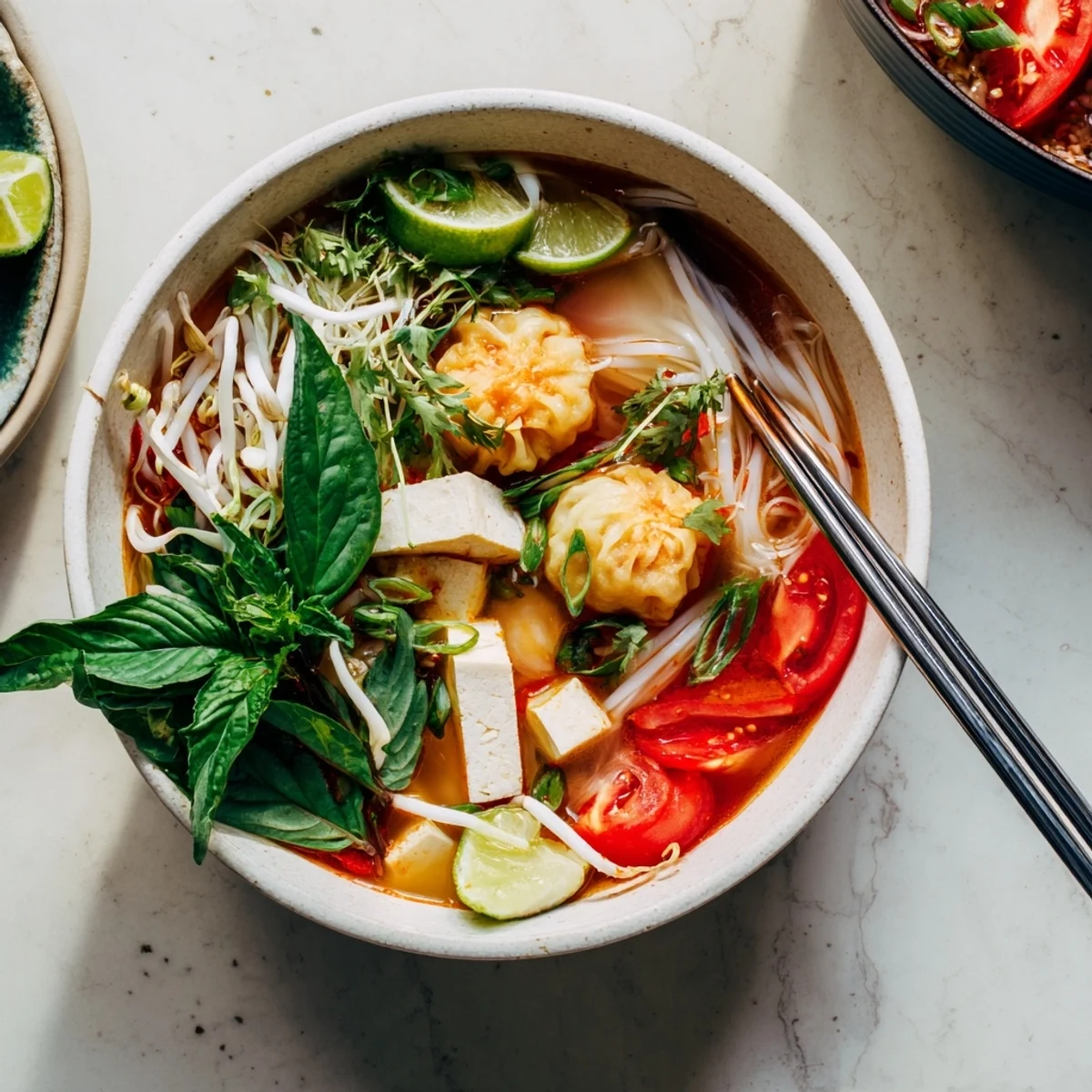 Comforting Vietnamese Bun Rieu Crab Noodle Soup with tofu cubes and aromatic herb toppings