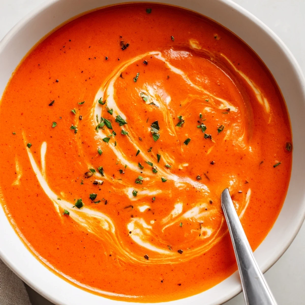 Creamy roasted red pepper Gouda soup topped with fresh chives in white bowl